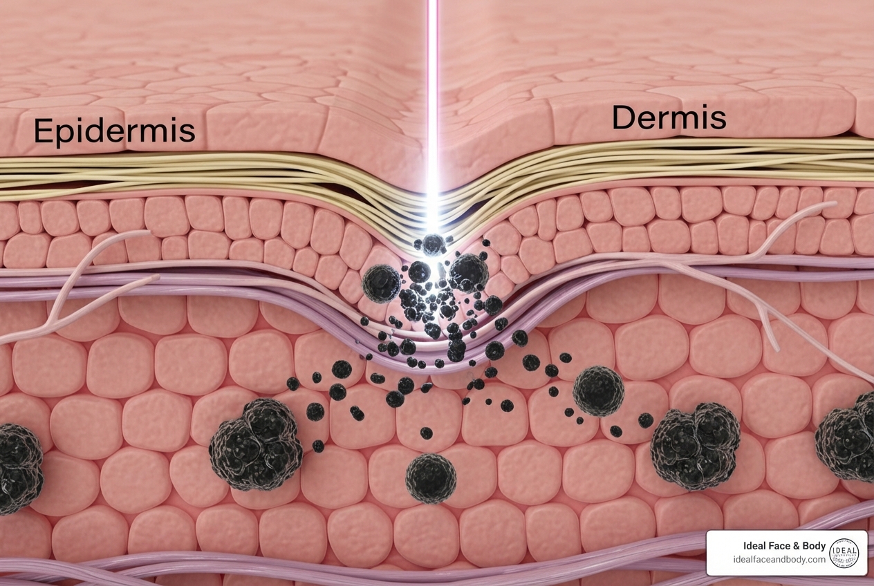 illustration of how a laser breaks up ink particles in the skin - laser lip tattoo removal illustration of how a laser breaks up ink particles in the skin - laser lip tattoo removal