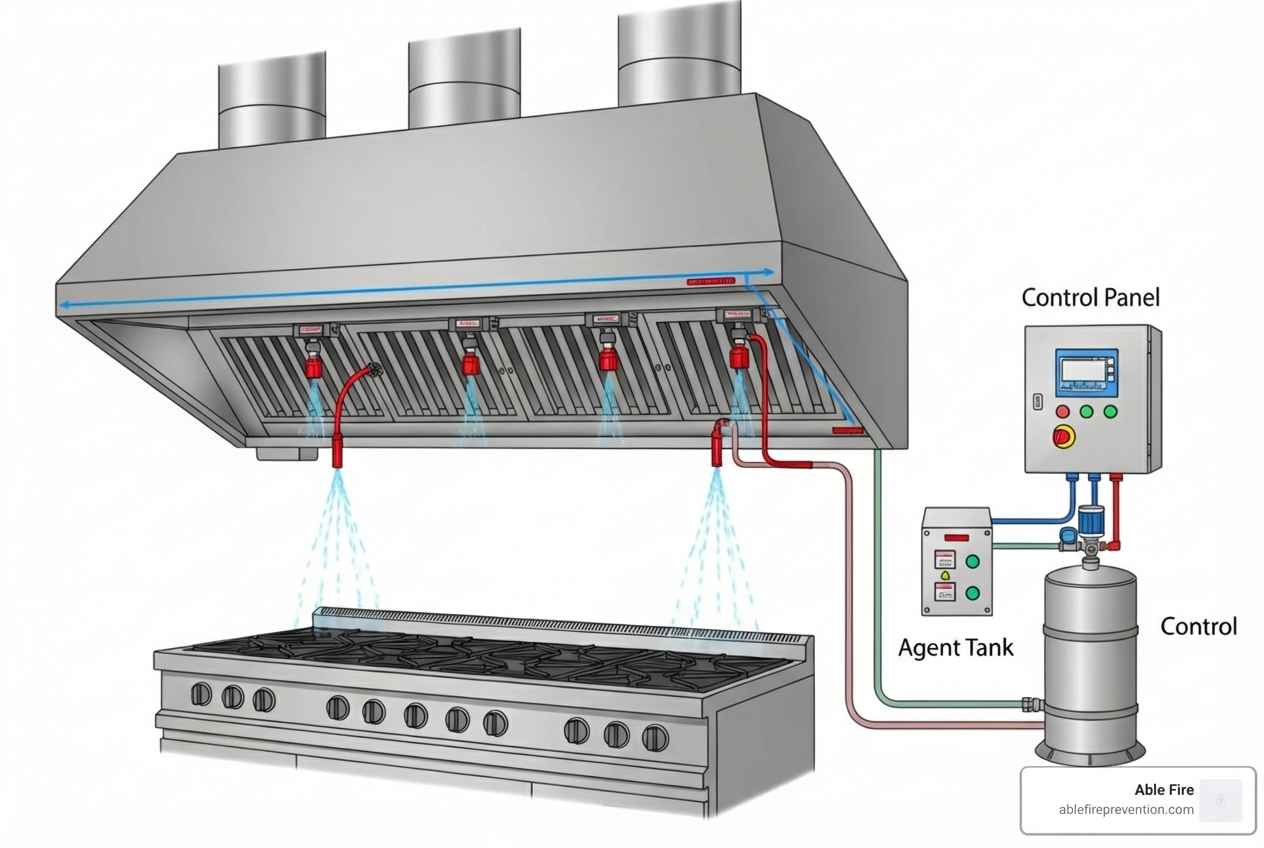 A diagram labeling the key components of a commercial kitchen hood and fire suppression system, including the hood, filters, nozzles, detection line, control panel, and agent tank - commercial vent hood with fire suppression