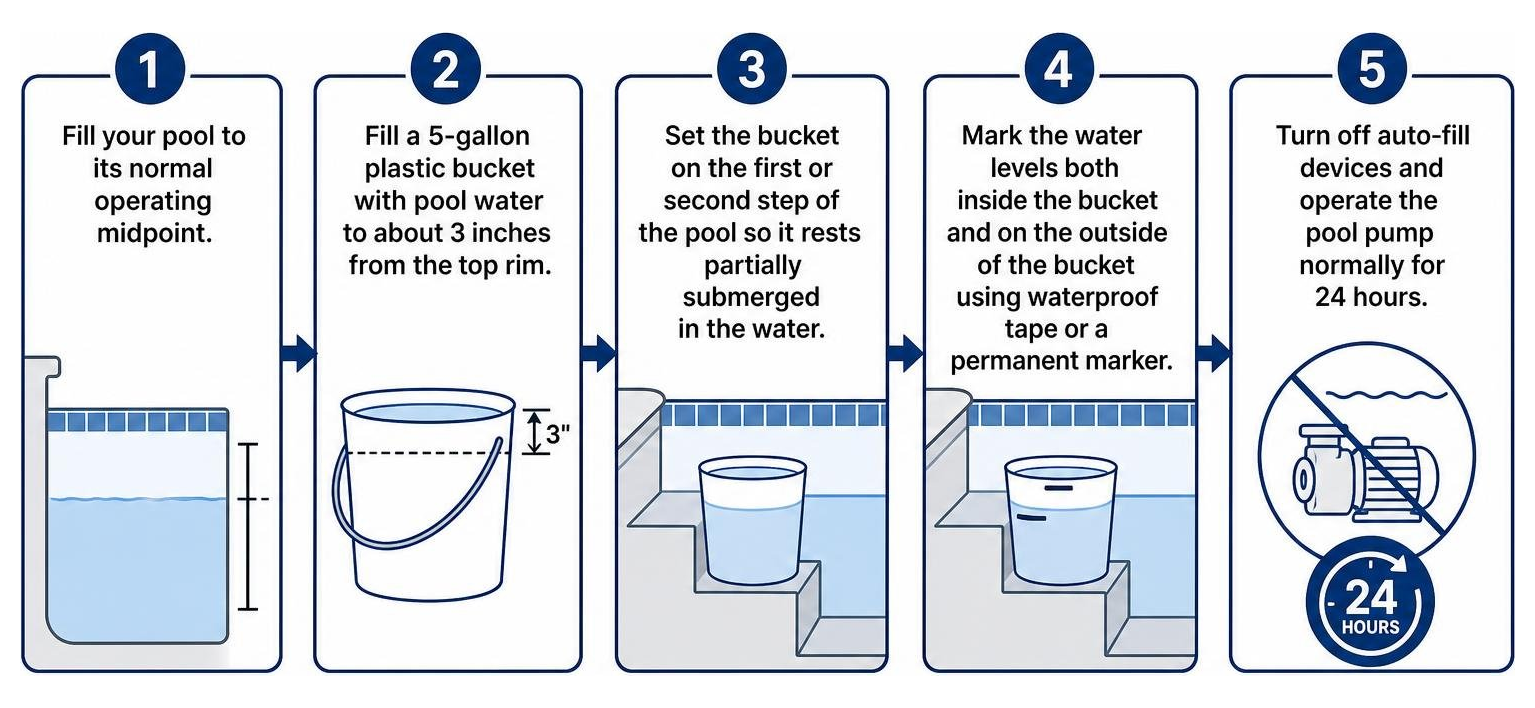 Step-by-step process for performing a pool bucket leak test Step-by-step process for performing a pool bucket leak test