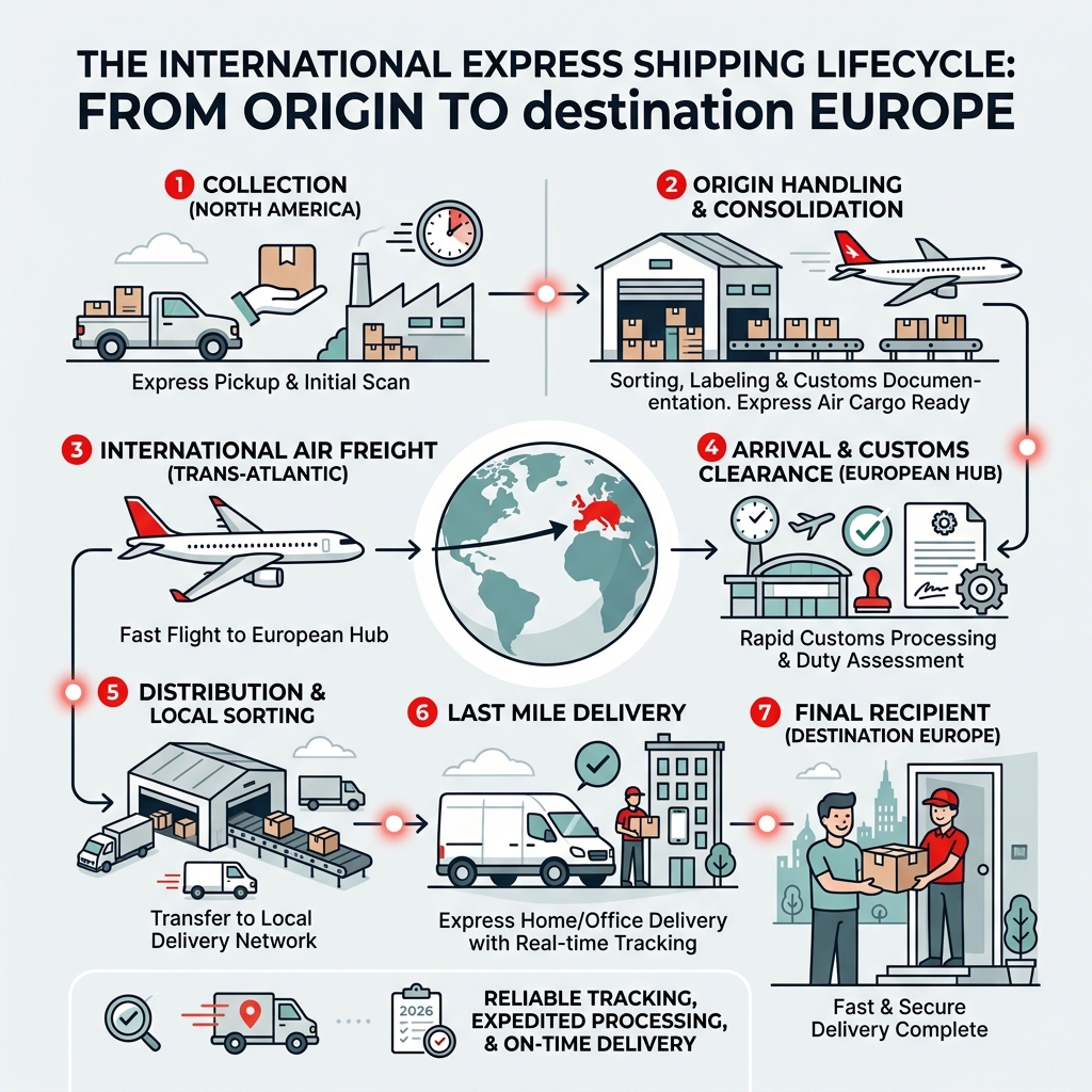 infographic explaining the international shipping lifecycle from origin to destination - express shipping to Europe