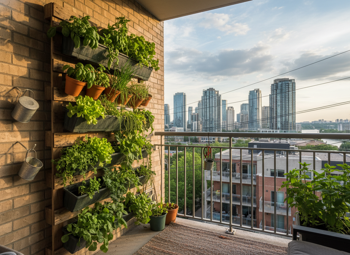 A DIY pallet garden used as an urban vertical garden on a small city balcony - Urban vertical garden