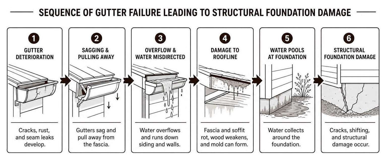 Sequence of gutter failure leading to structural foundation damage Sequence of gutter failure leading to structural foundation damage