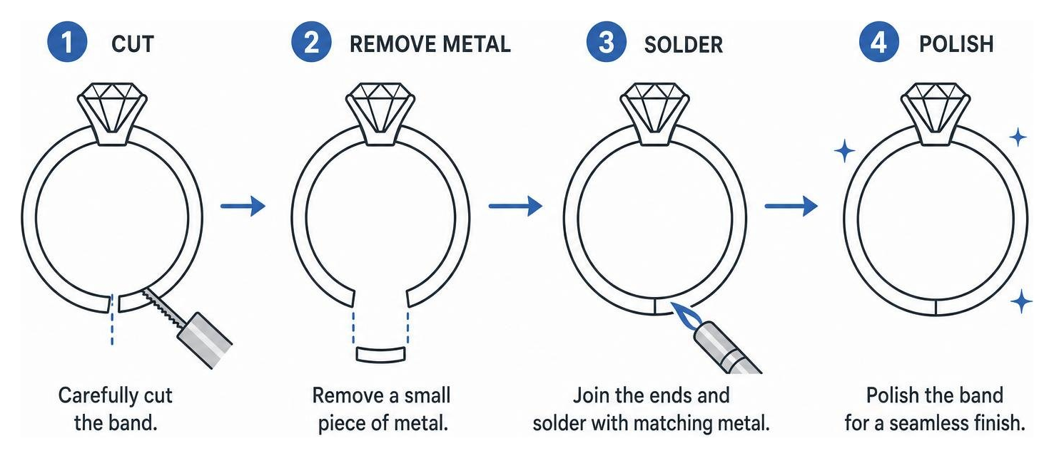 Diagram showing the step-by-step process of cutting, removing metal, soldering, and polishing a ring to resize it down Diagram showing the step-by-step process of cutting, removing metal, soldering, and polishing a ring to resize it down