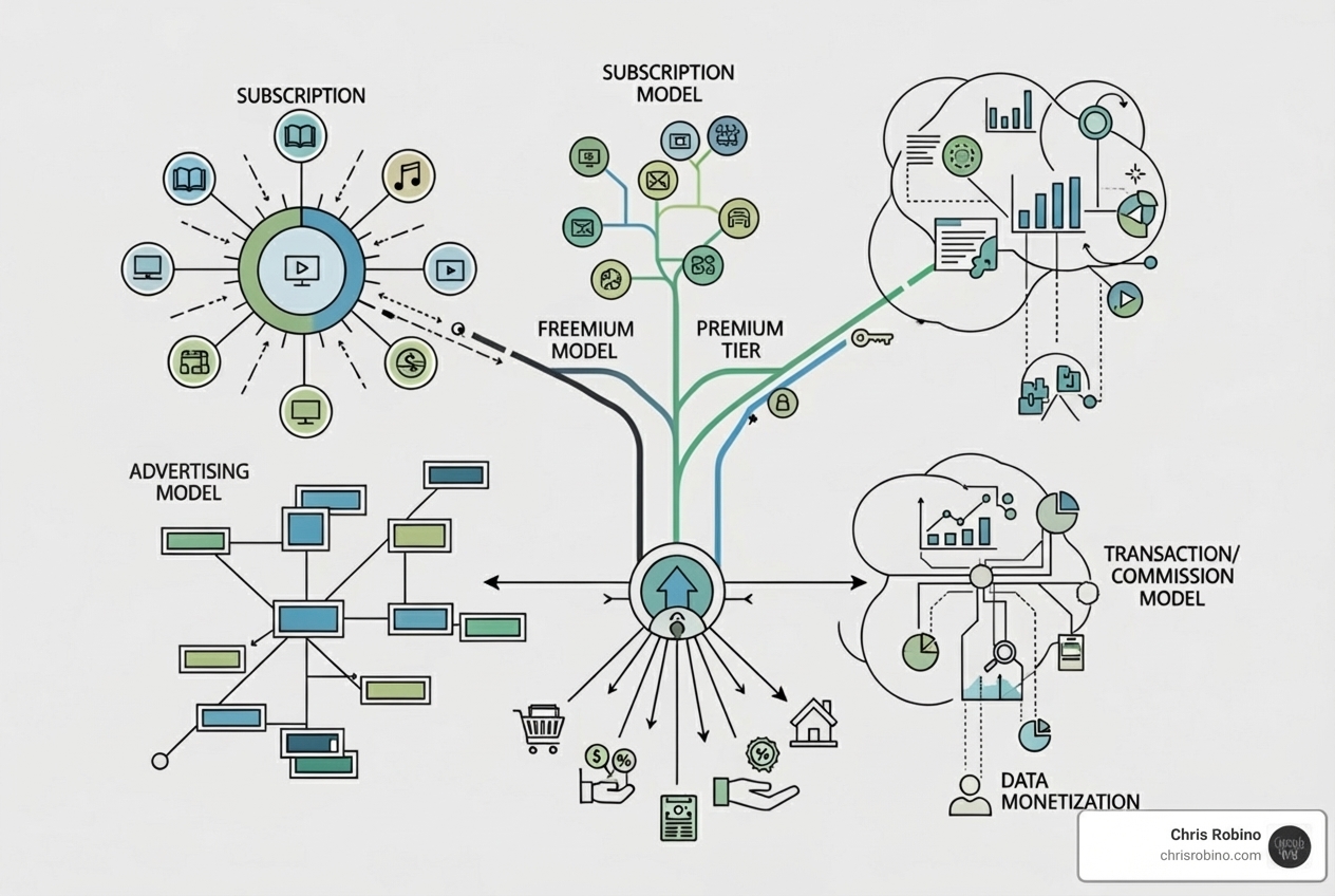 Diagram illustrating different monetization models such as subscription-based, ad-supported, and transactional video on demand - media and entertainment industry overview