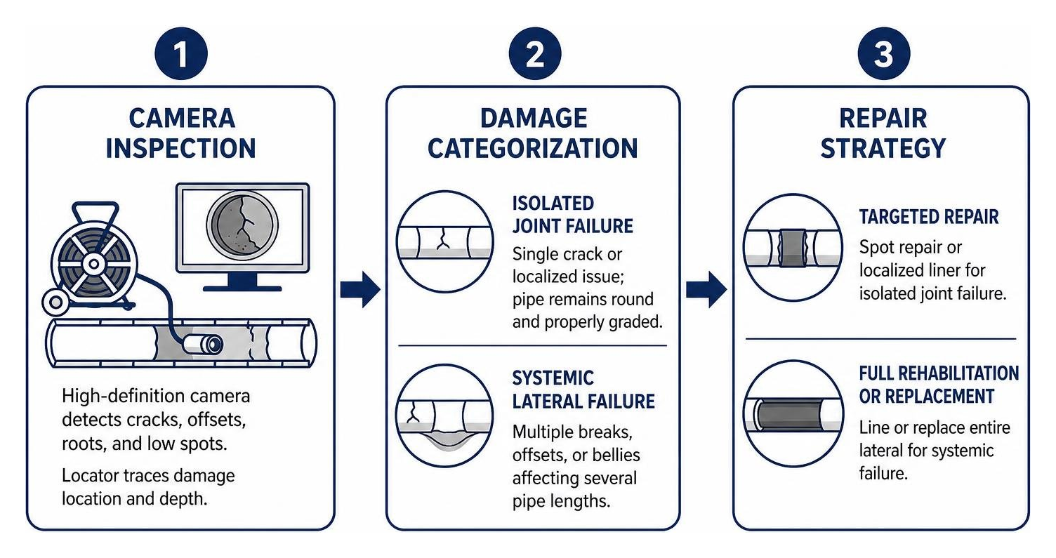 Diagnostic workflow: camera inspection, damage categorization, repair strategy Diagnostic workflow: camera inspection, damage categorization, repair strategy