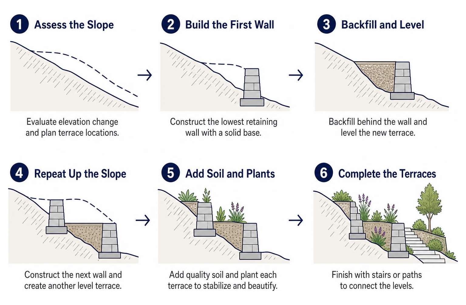 terraced hillside retaining wall step sequence