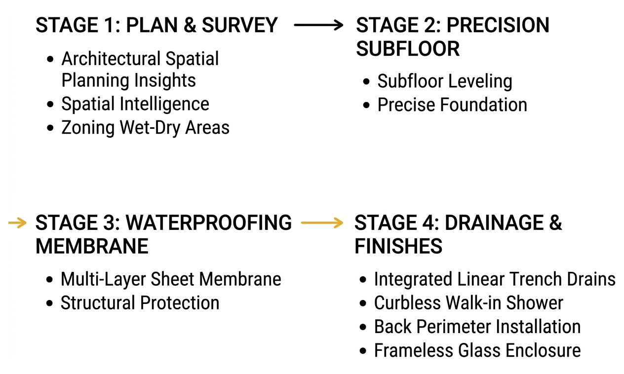Step-by-step architectural workflow for luxury wet room installation