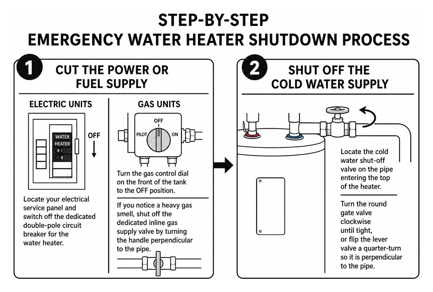 Step-by-step emergency water heater shutdown process Step-by-step emergency water heater shutdown process