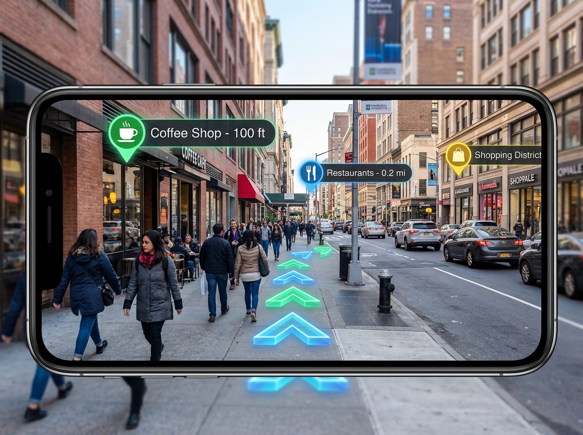 AR navigation markers and POI markers in a city street - location based augmented reality unity