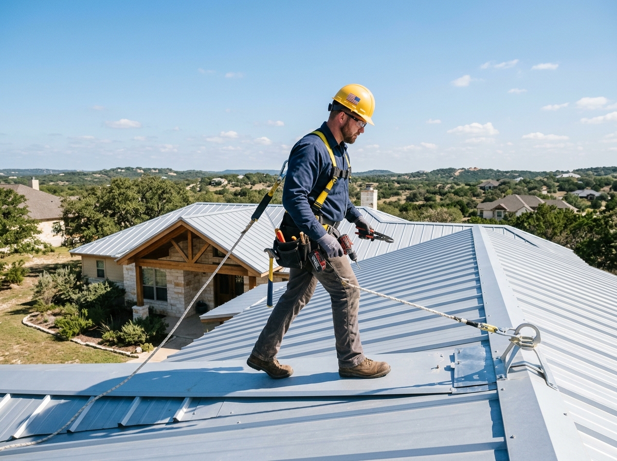 Contractor safely using a harness while repairing a metal roof - fix leaks corrugated metal roof Contractor safely using a harness while repairing a metal roof - fix leaks corrugated metal roof
