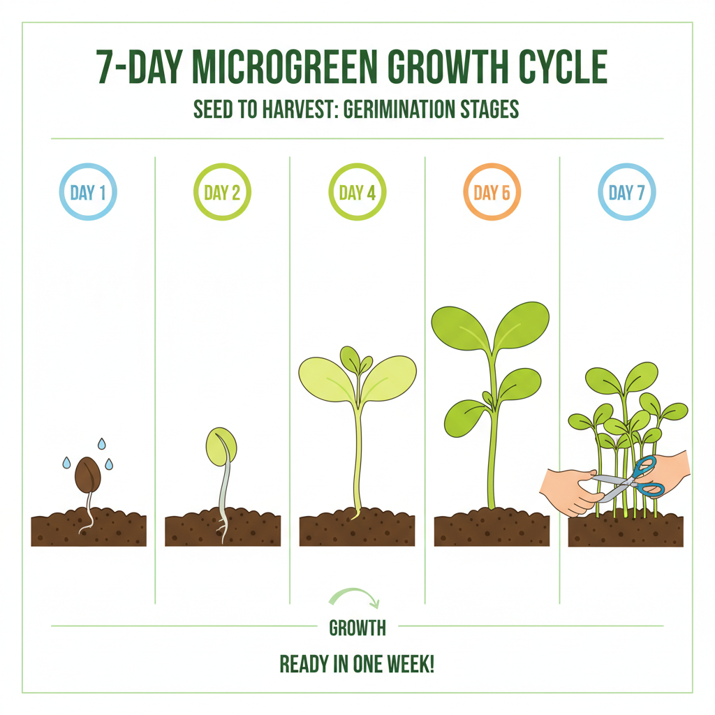 7-day microgreen growth cycle from seed to harvest showing germination stages - best microgreens for beginners infographic 
