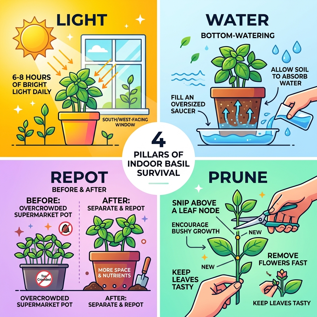 4 pillars of indoor basil survival: light, water, repotting, and pruning - how to keep a basil plant alive indoors 4 pillars of indoor basil survival: light, water, repotting, and pruning - how to keep a basil plant alive indoors