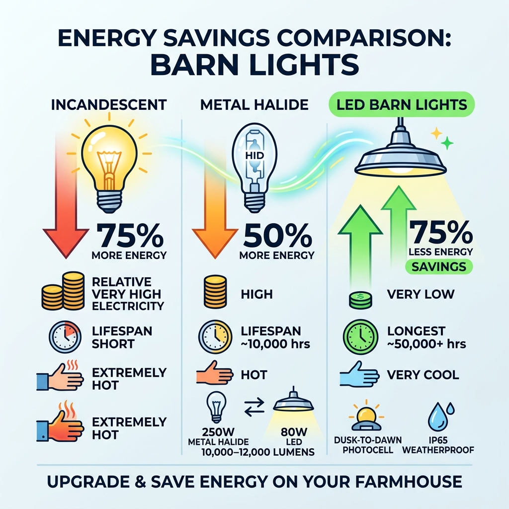 Infographic comparing energy savings of LED barn lights vs metal halide and incandescent bulbs - energy saving barn lights