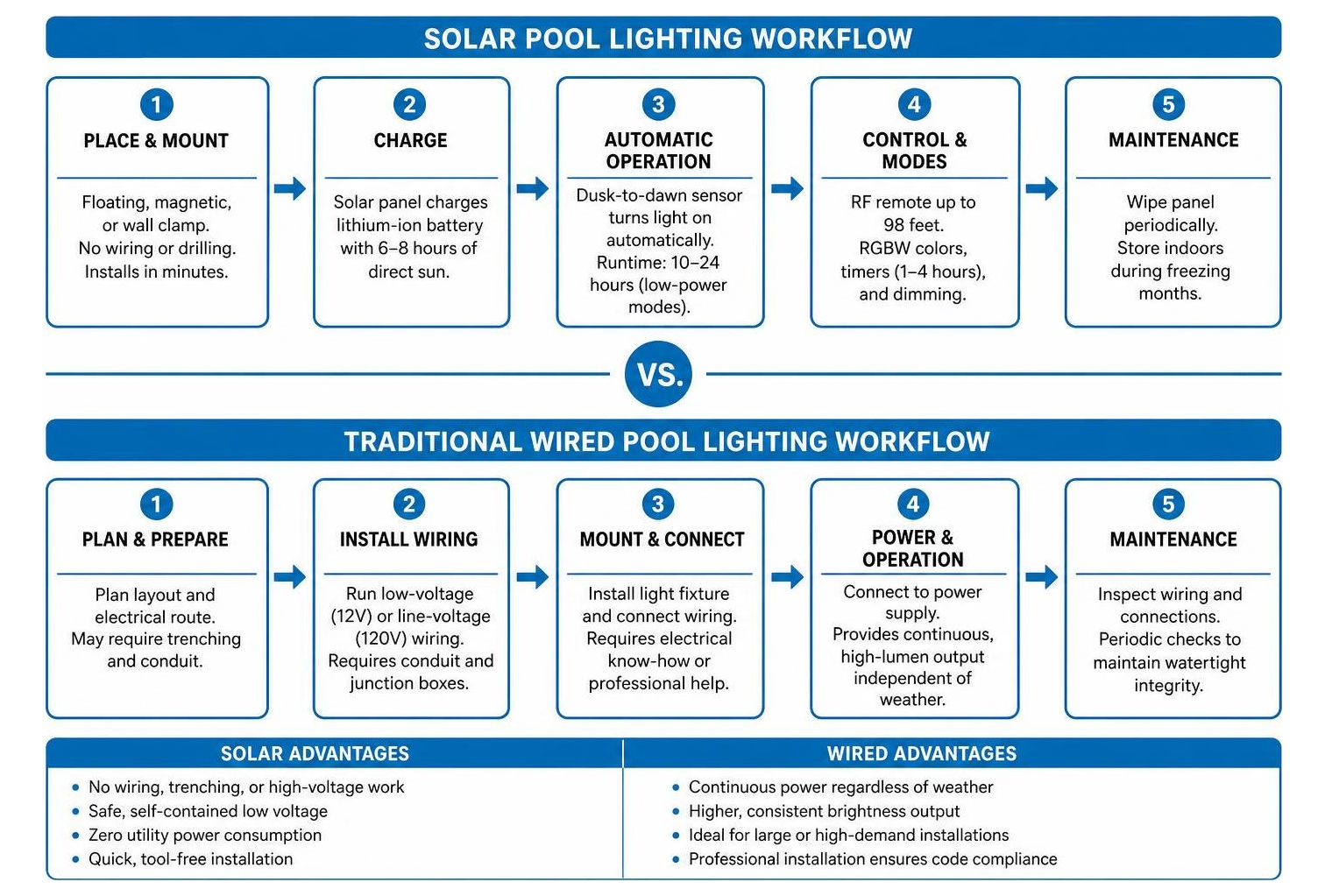 solar versus wired pool lighting workflow