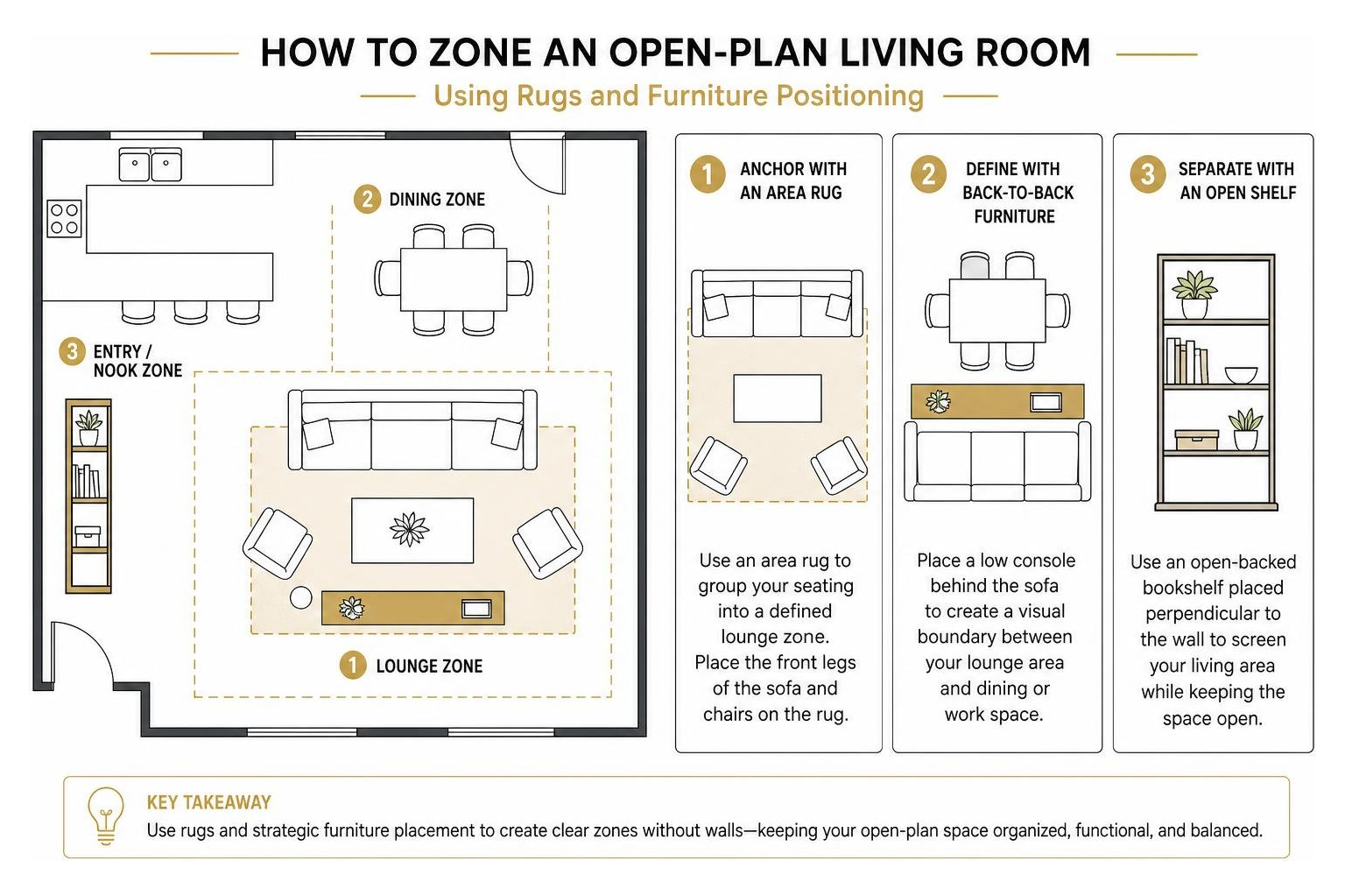 Diagram showing how to zone an open plan apartment living room using rugs and furniture positioning Diagram showing how to zone an open plan apartment living room using rugs and furniture positioning