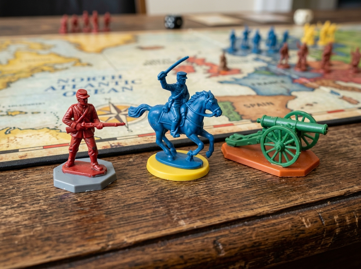Infantry, cavalry, and artillery miniatures representing 1, 5, and 10 troops respectively - risk board game strategy guide