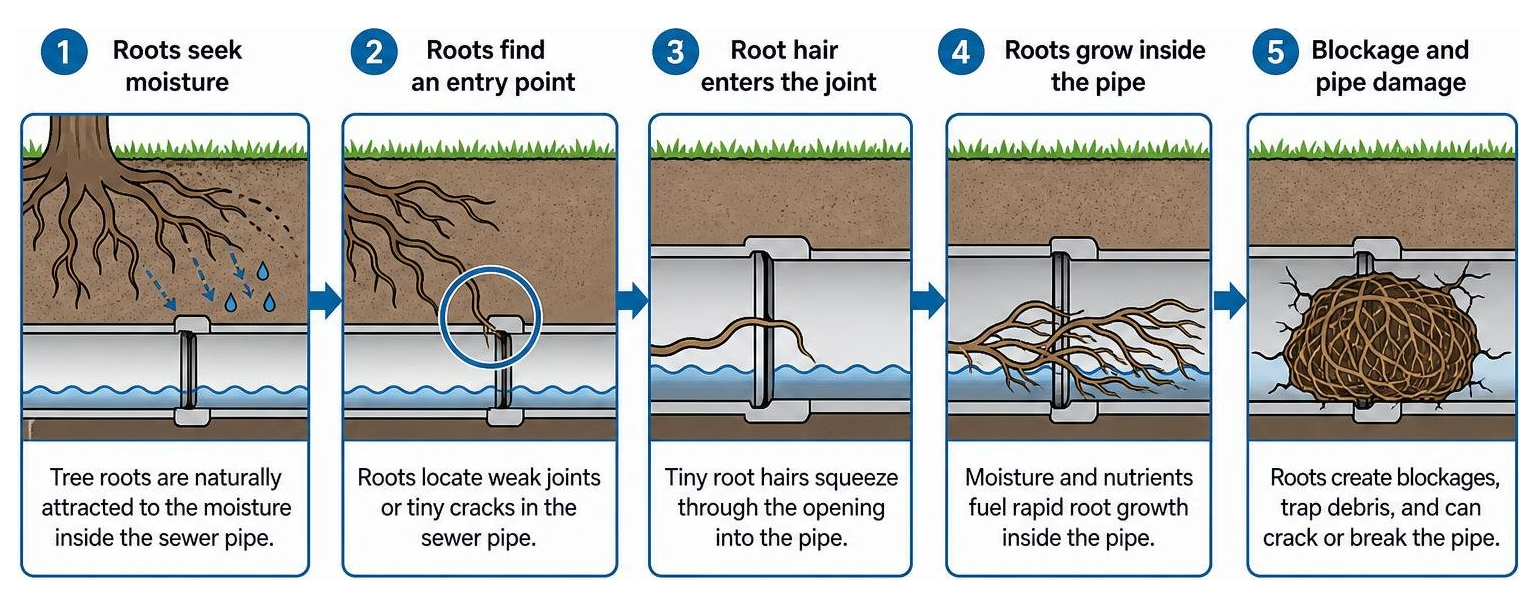 Diagram showing how tree roots seek moisture and penetrate sewer pipe joints Diagram showing how tree roots seek moisture and penetrate sewer pipe joints