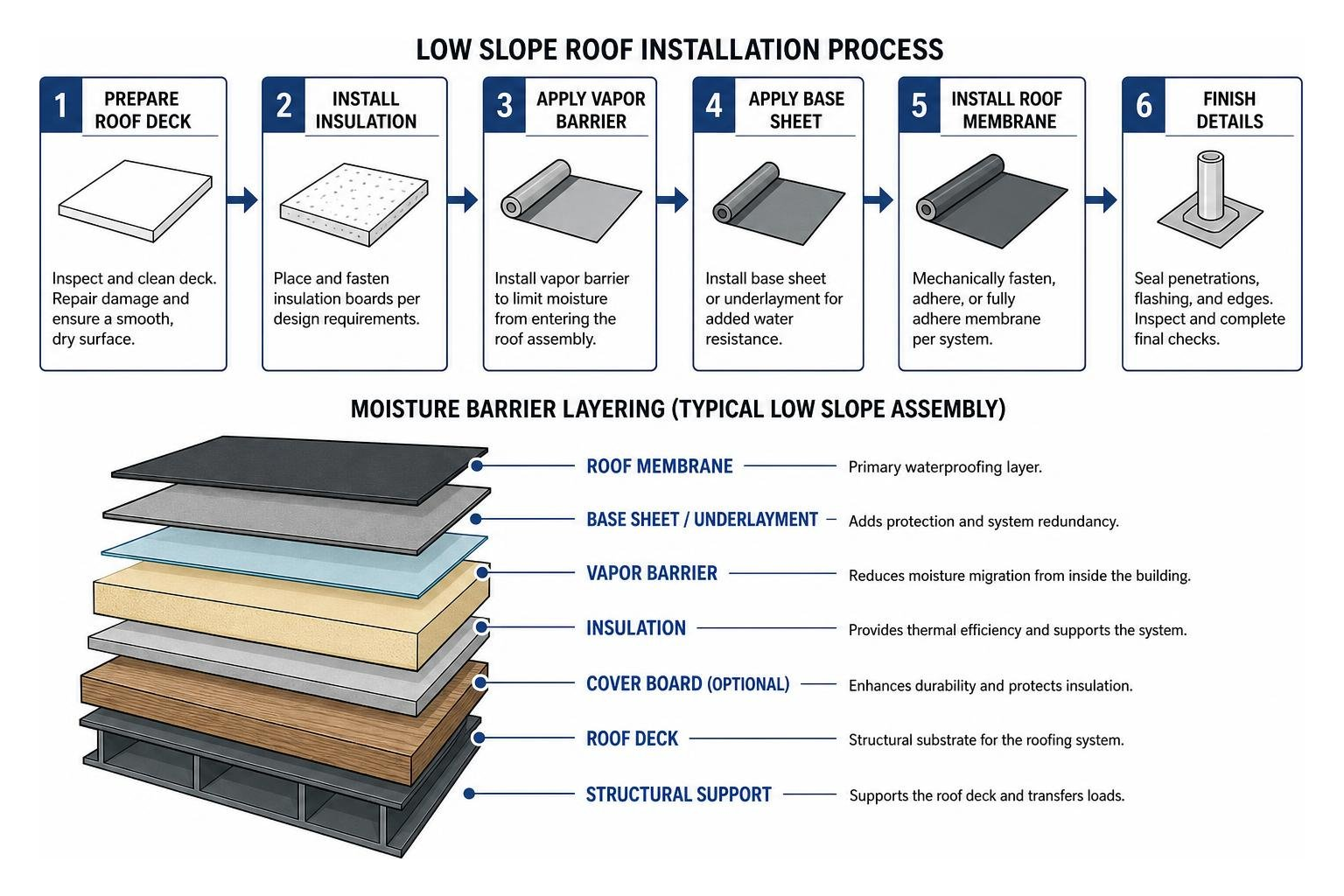 process of low slope roof installation and moisture barrier layering
