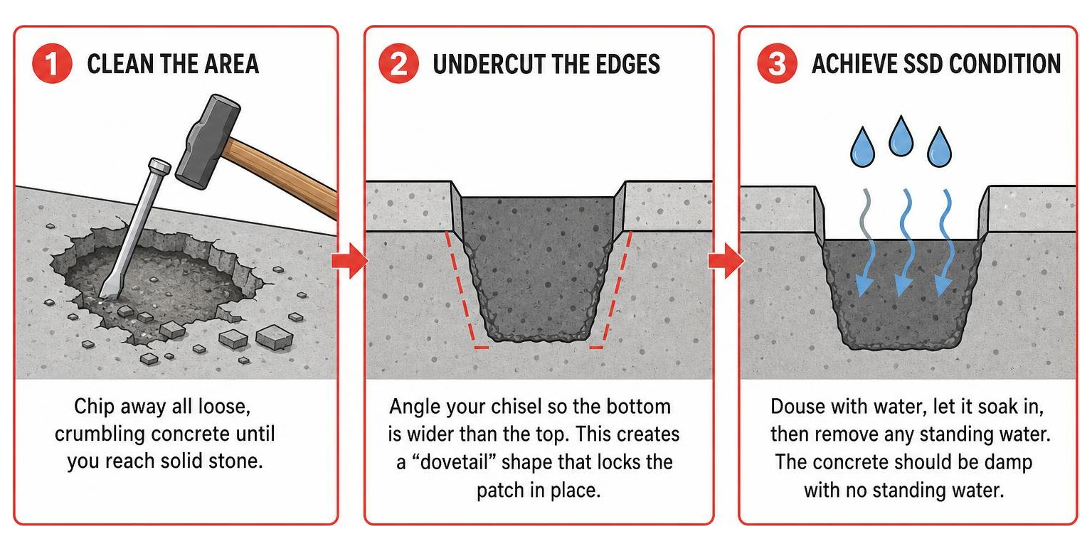 Step-by-step concrete patching prep including chiseling and undercutting