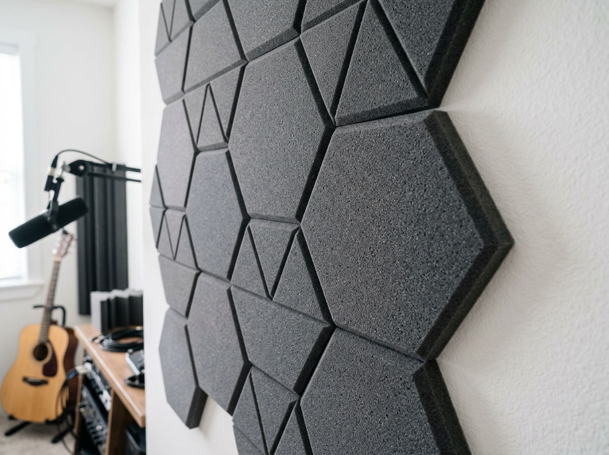 high-density acoustic foam panels installed in a pattern on a wall - effective cheap soundproofing high-density acoustic foam panels installed in a pattern on a wall - effective cheap soundproofing
