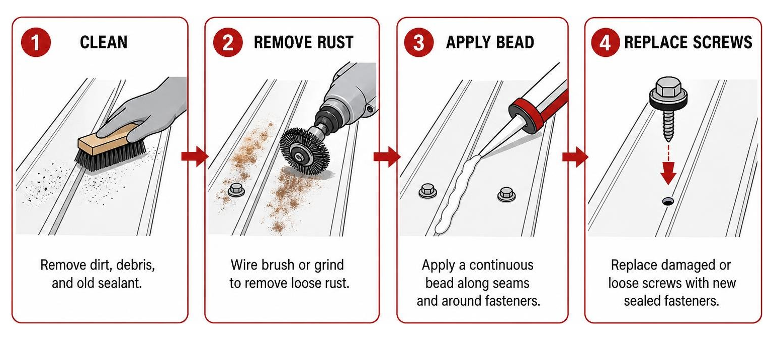 diagram of step by step metal roof sealing process showing cleaning rust removal bead application and screw replacement diagram of step by step metal roof sealing process showing cleaning rust removal bead application and screw replacement