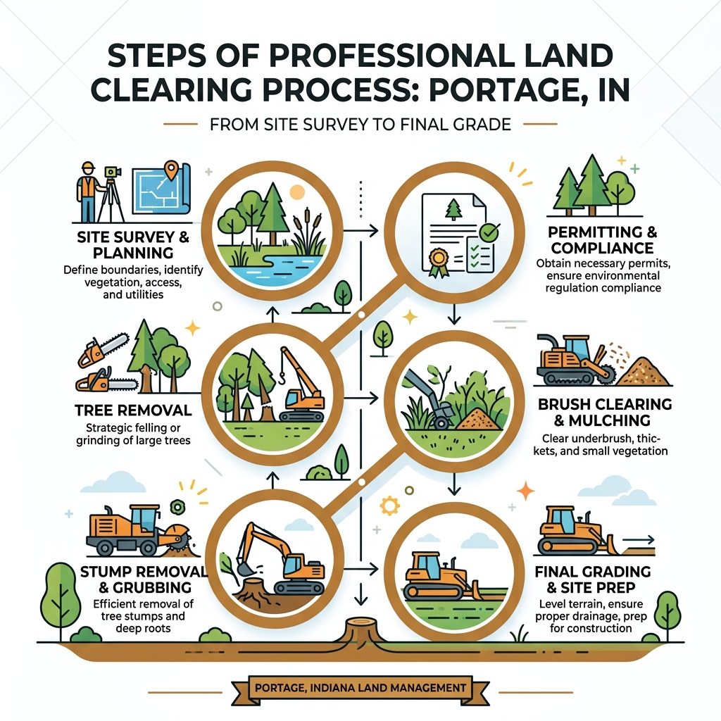 Steps of professional land clearing process from site survey to final grade in Portage IN - land clearing Portage IN