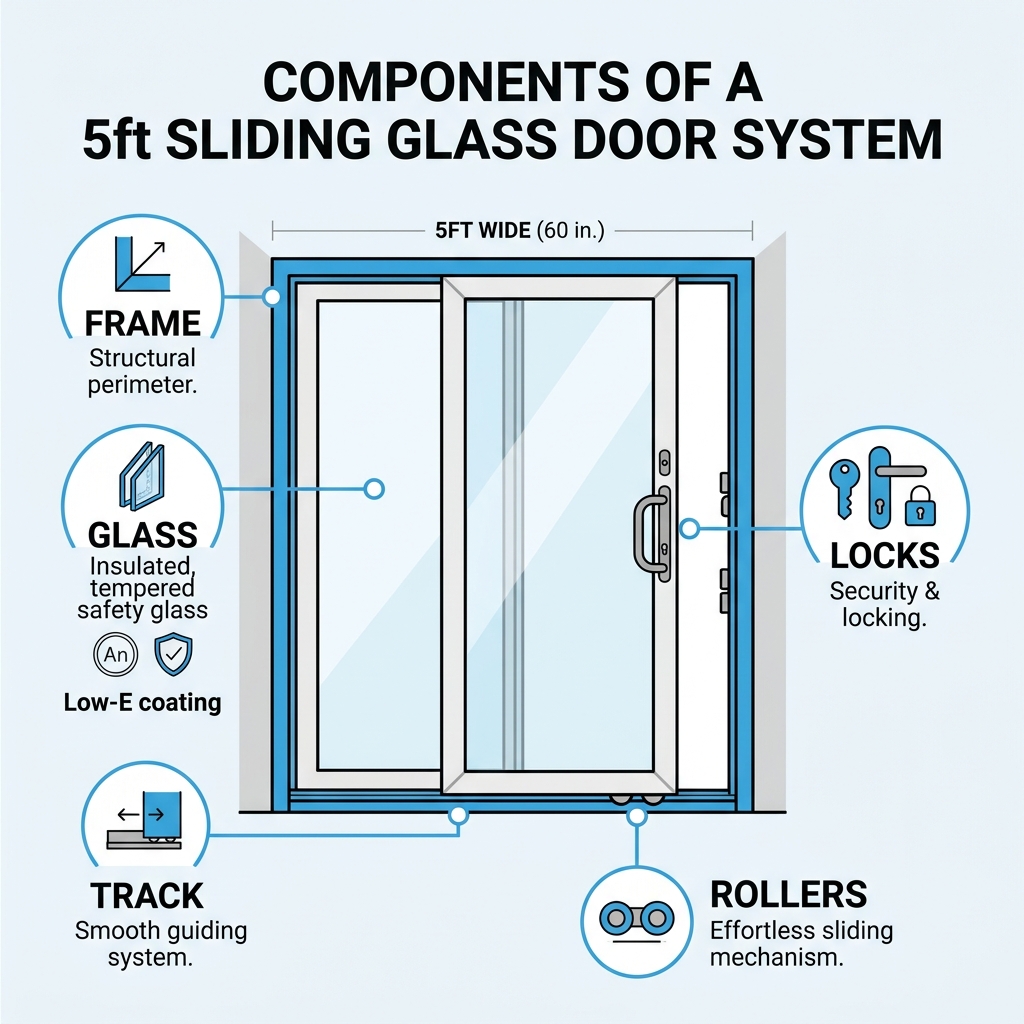 Components of a 5ft sliding glass door system including frame, glass, track, rollers, and locks - 5ft sliding glass door Components of a 5ft sliding glass door system including frame, glass, track, rollers, and locks - 5ft sliding glass door