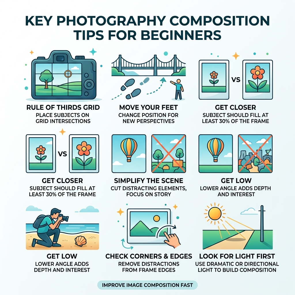 infographic showing key photography composition tips for beginners - improve image composition fast infographic infographic showing key photography composition tips for beginners - improve image composition fast infographic