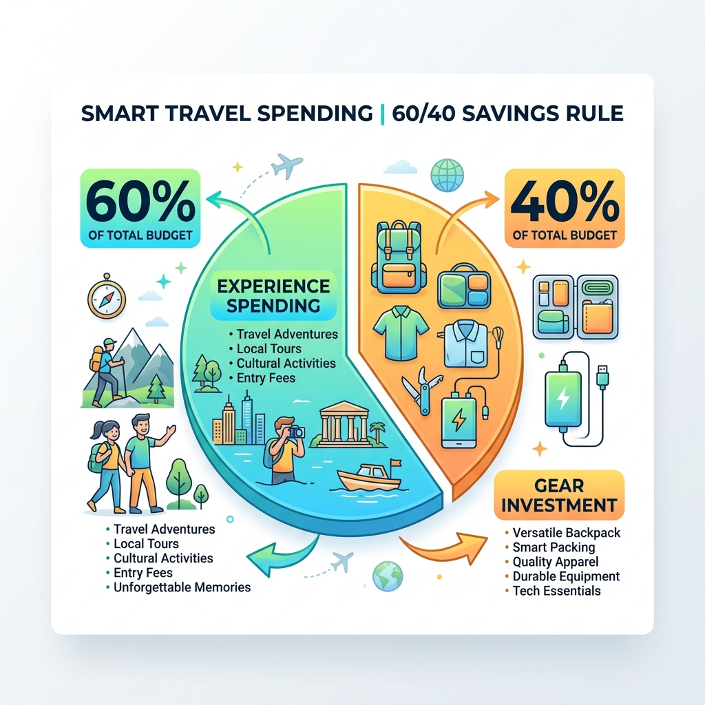 Breakdown of gear investment vs. experience spending - budget travel and gear infographic 