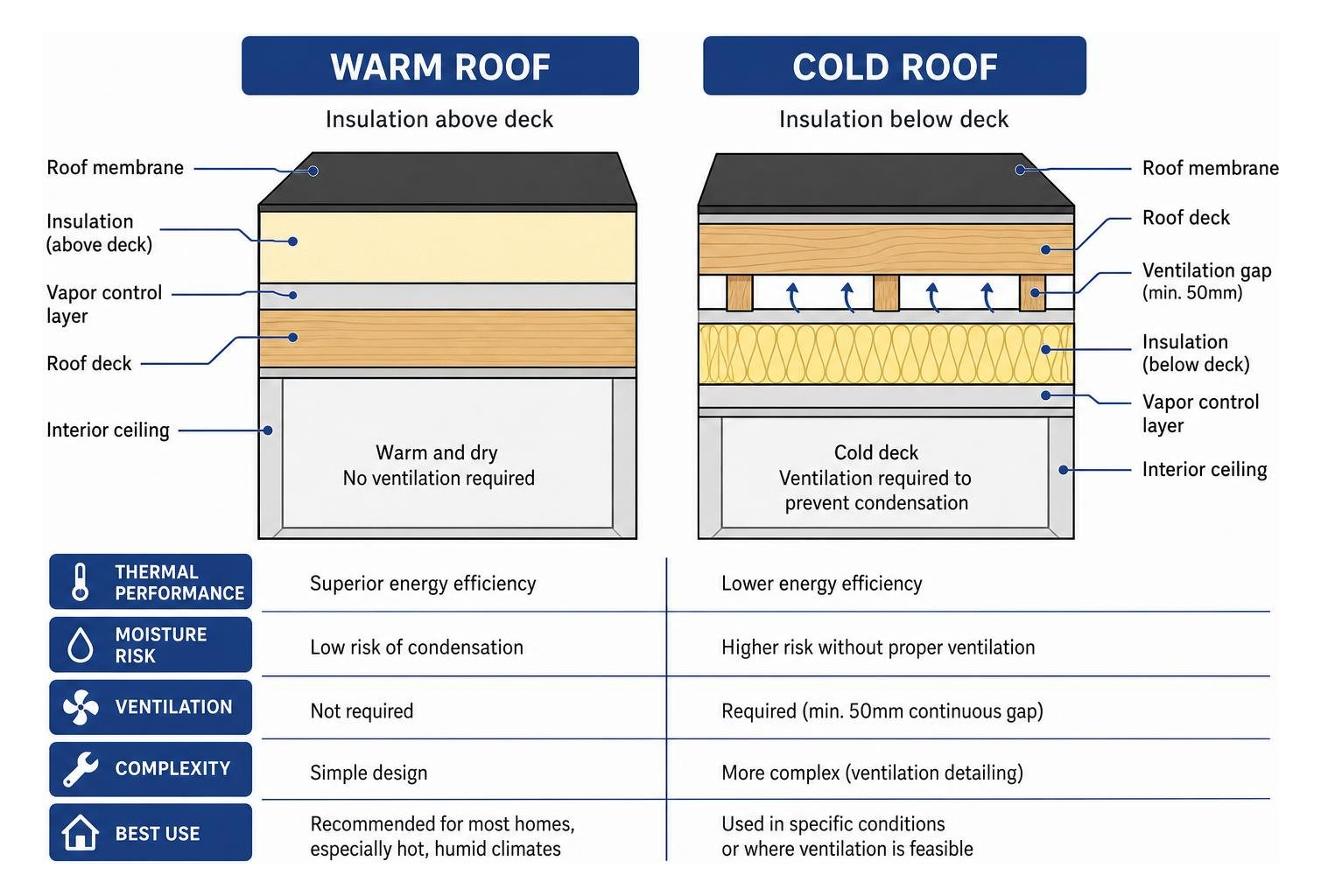 comparison diagram of a warm roof vs a cold roof insulation setup comparison diagram of a warm roof vs a cold roof insulation setup