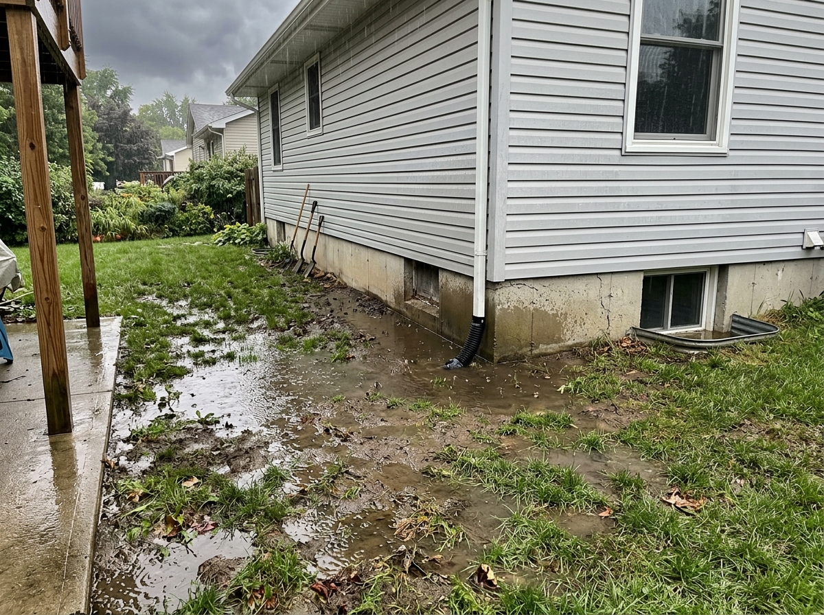 Water pooling near a home foundation due to poor grading - yard leveling contractor