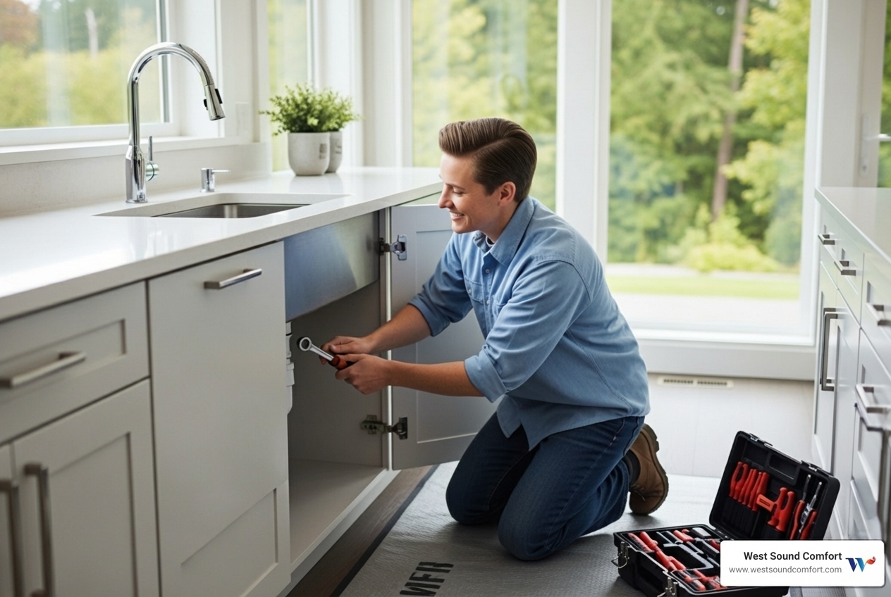 technician fixing kitchen sink in Bainbridge Island home - rolling bay plumbing technician fixing kitchen sink in Bainbridge Island home - rolling bay plumbing