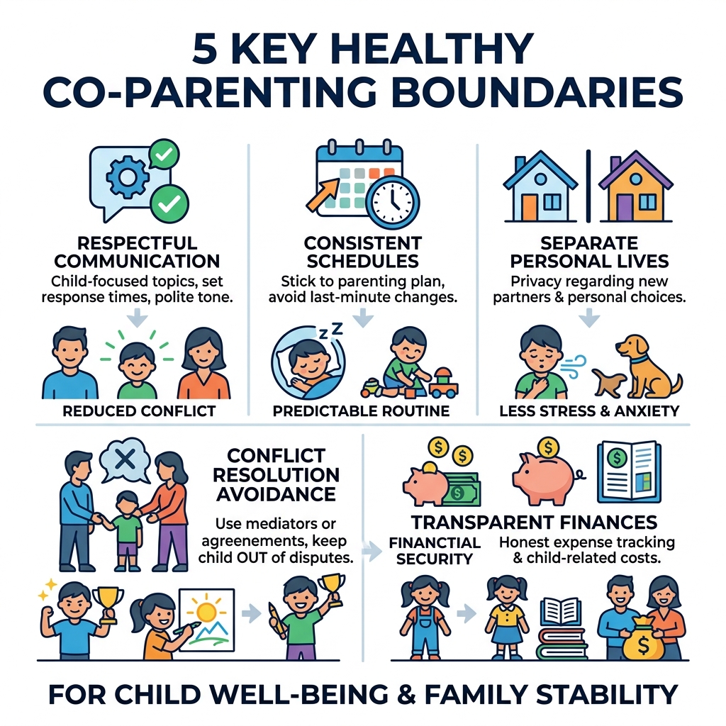 5 key healthy co-parenting boundaries and their benefits for child well-being - healthy boundaries co-parenting infographic 