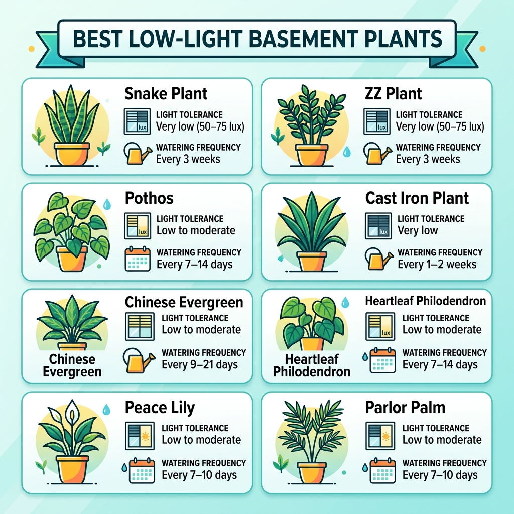 Infographic showing best low-light basement plants with light tolerance and watering schedule - best plants for basement low Infographic showing best low-light basement plants with light tolerance and watering schedule - best plants for basement low