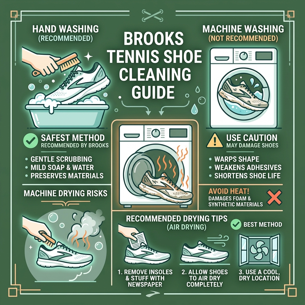Hand wash vs machine wash Brooks tennis shoes infographic comparing methods, risks, and drying tips - can you wash brooks