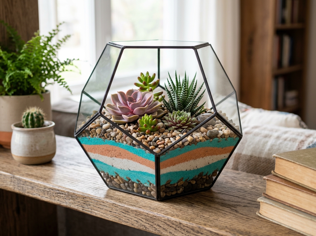 A modern glass succulent terrarium with layers of colored sand and stones - succulent arrangement delivery A modern glass succulent terrarium with layers of colored sand and stones - succulent arrangement delivery