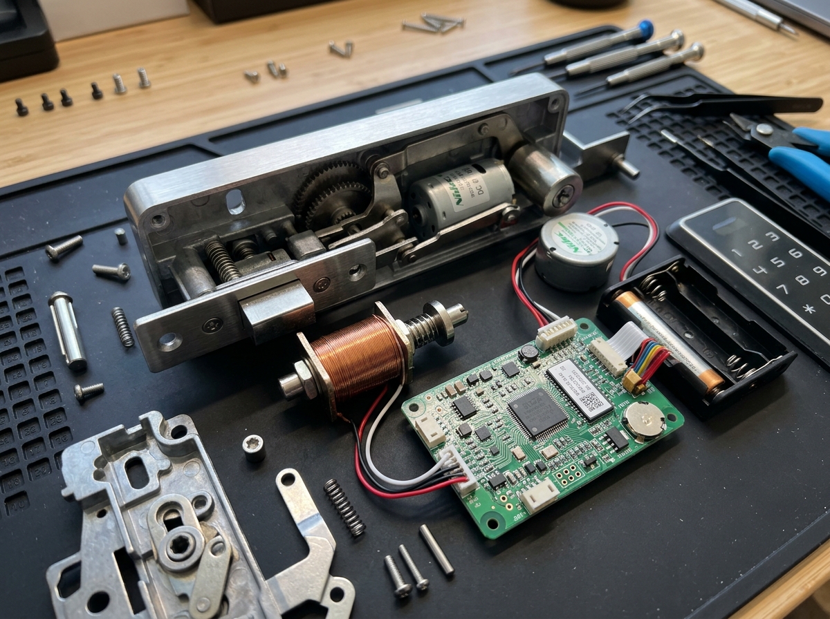 Internal components of an electronic lock including the solenoid and wiring - key entry system