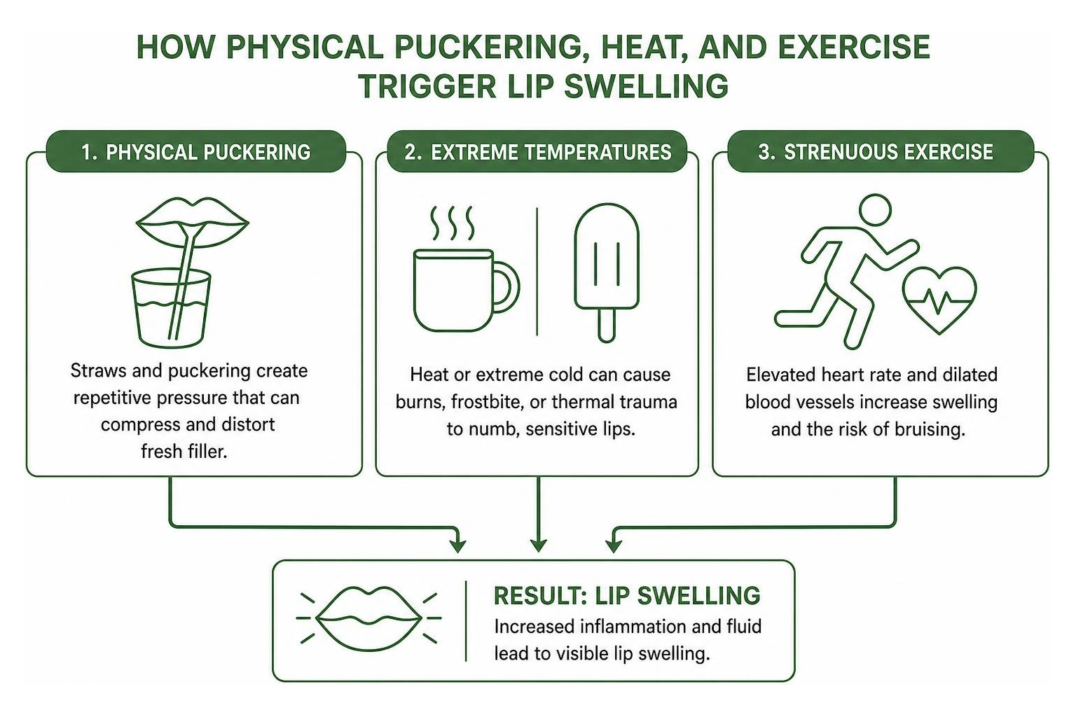 Diagram showing how physical puckering, heat, and exercise trigger lip swelling Diagram showing how physical puckering, heat, and exercise trigger lip swelling