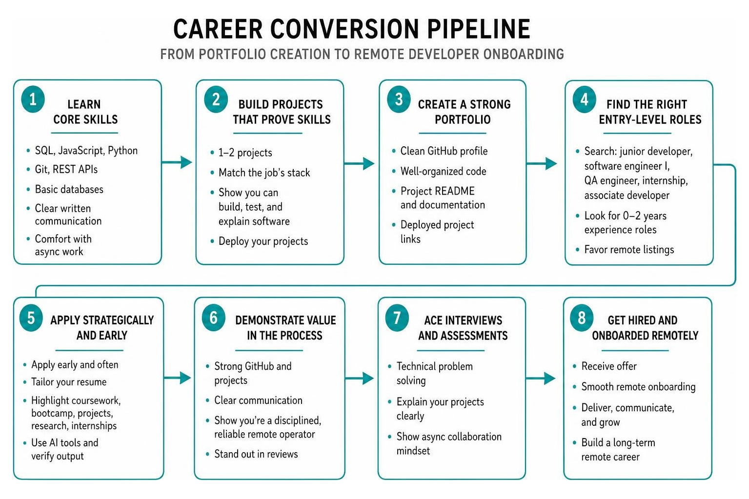 Career conversion pipeline from portfolio creation to remote developer onboarding