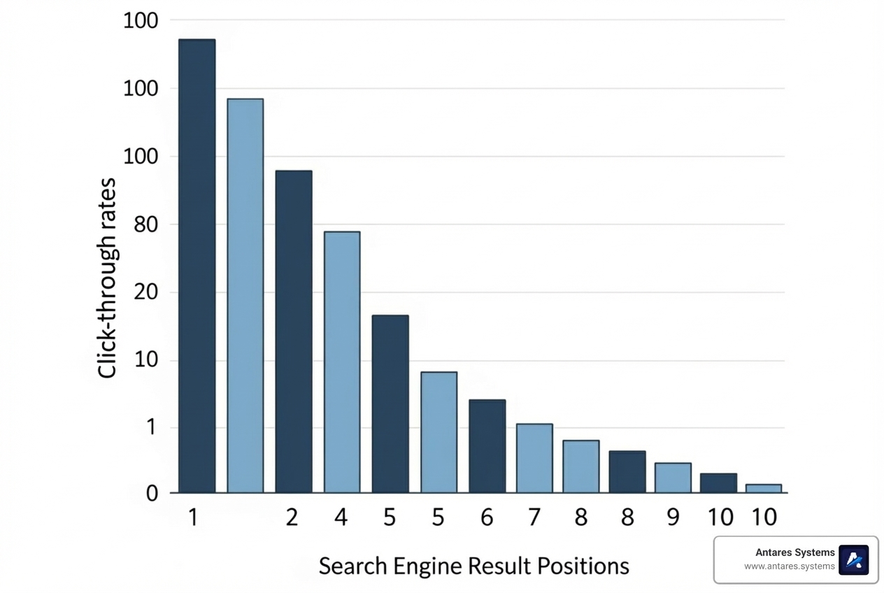 A graph showing click-through rates (CTR) for search results positions, illustrating the steep drop-off after the top three results. - search engine positioning seo
