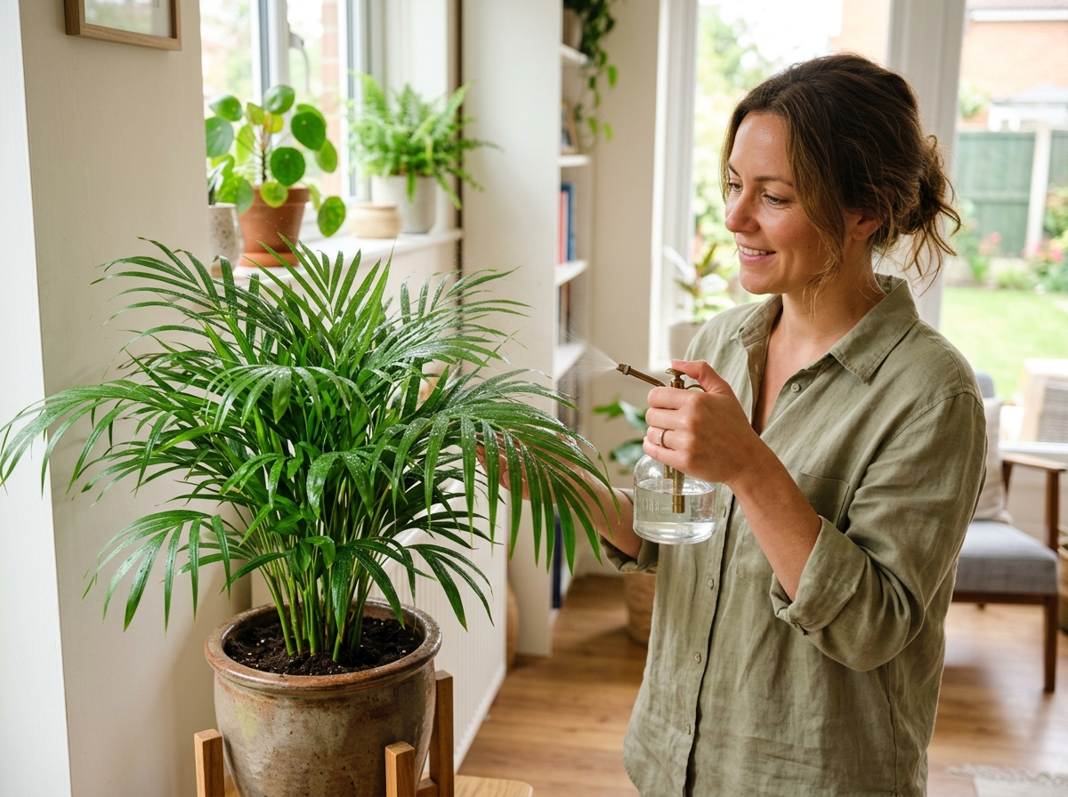 A person gently misting the leaves of an Areca Palm to increase humidity - areca palm air cleaner A person gently misting the leaves of an Areca Palm to increase humidity - areca palm air cleaner