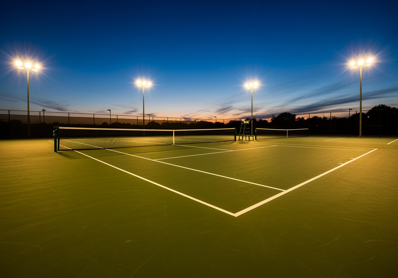 perfectly illuminated tennis court at dusk - tennis court lighting design
