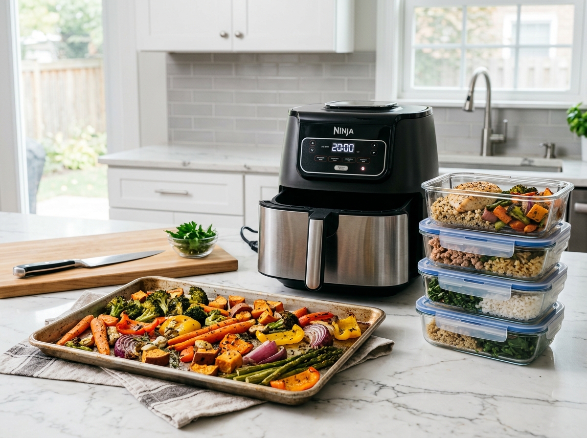 Essential kitchen tools: sheet pan, air fryer, and glass containers - 30 minute healthy meal prep