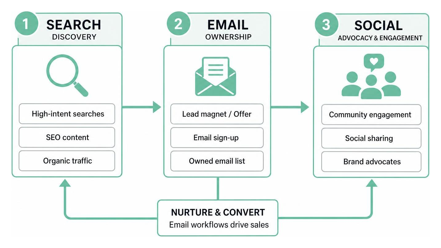 Step-by-step customer conversion journey showing Search and Social feeding owned Email lists