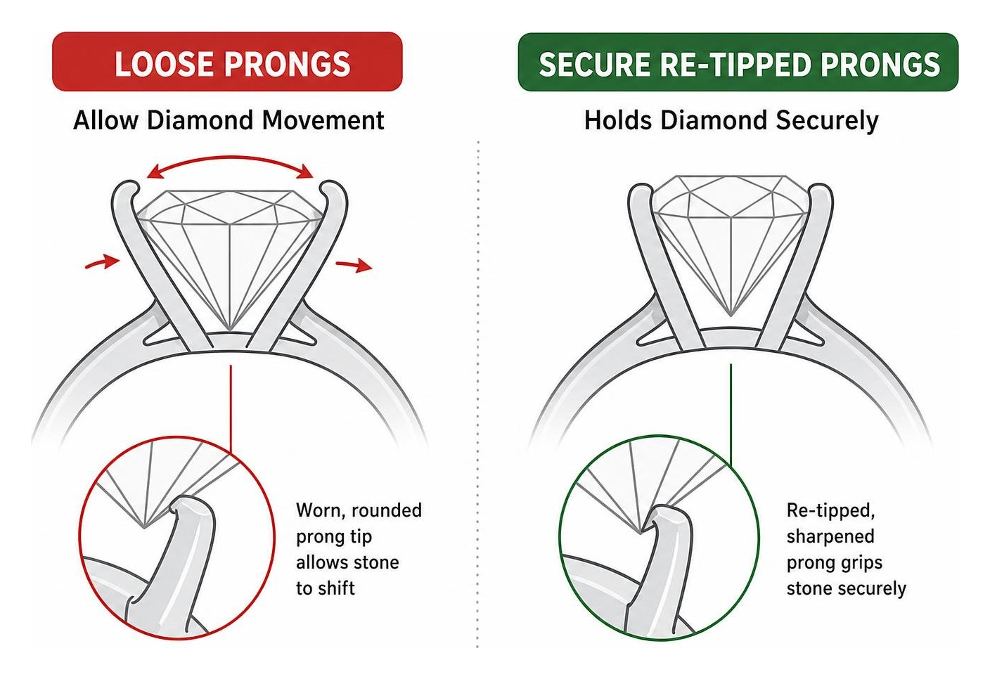 Diagram showing how loose prongs allow diamond movement versus secure re-tipped prongs Diagram showing how loose prongs allow diamond movement versus secure re-tipped prongs