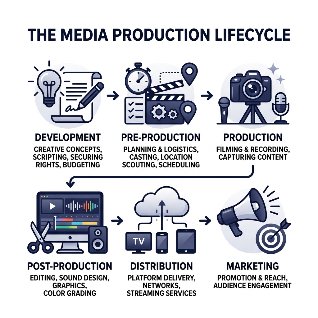 Infographic showing the media production lifecycle from development through distribution - media production company Infographic showing the media production lifecycle from development through distribution - media production company