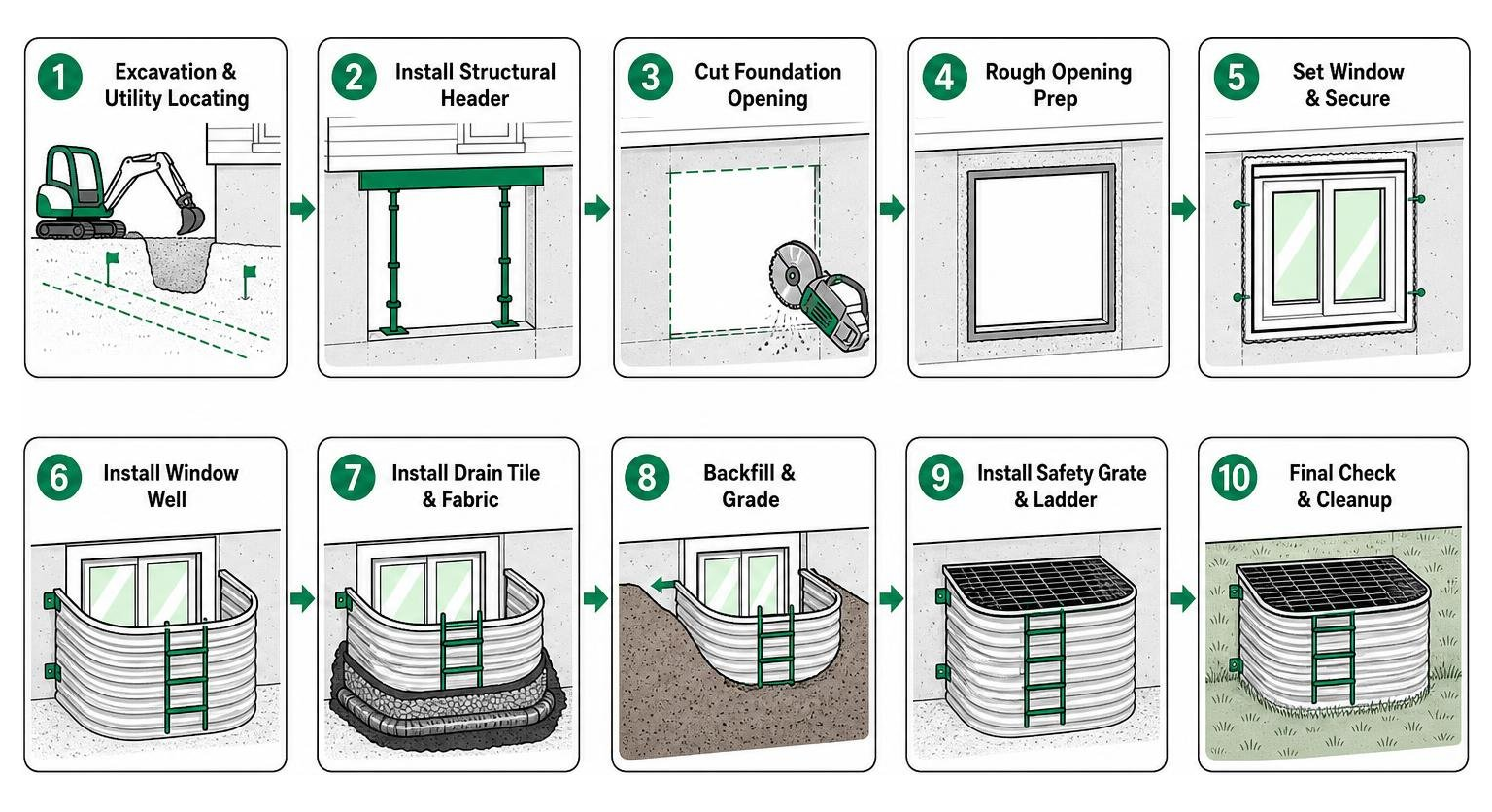 Step-by-step egress window drainage and installation sequence diagram