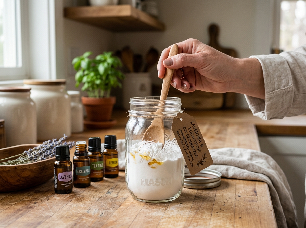 Mixing baking soda and essential oils in a mason jar with a wooden spoon - baking soda carpet freshener Mixing baking soda and essential oils in a mason jar with a wooden spoon - baking soda carpet freshener