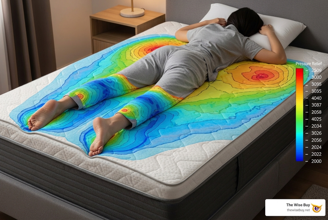 pressure map showing how a topper relieves pressure on hips and shoulders - copper infused gel memory foam mattress topper