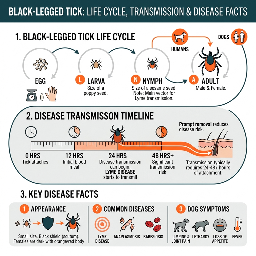 Black-legged tick life cycle stages, transmission timeline, and key disease facts - black ticks on dogs infographic Black-legged tick life cycle stages, transmission timeline, and key disease facts - black ticks on dogs infographic